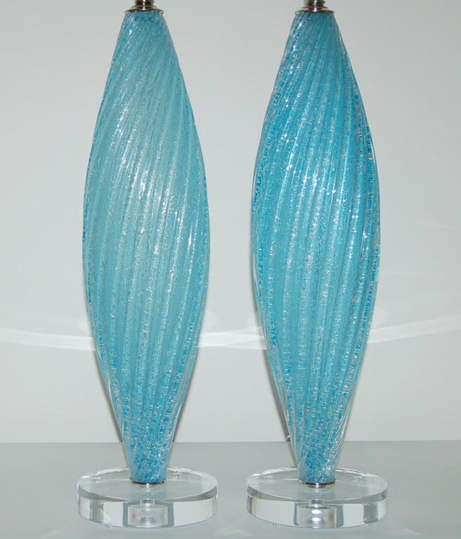 Italian Blue Pulegoso Murano Table Lamps For Sale