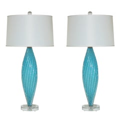 Vintage Blue Pulegoso Murano Table Lamps