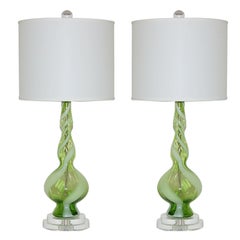 Pair of Vintage Italian Lamps in Apple Green with White Ribbon