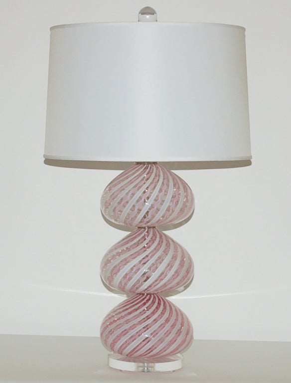 Mid-Century Modern Stacked and Striped Pink Murano Lamps