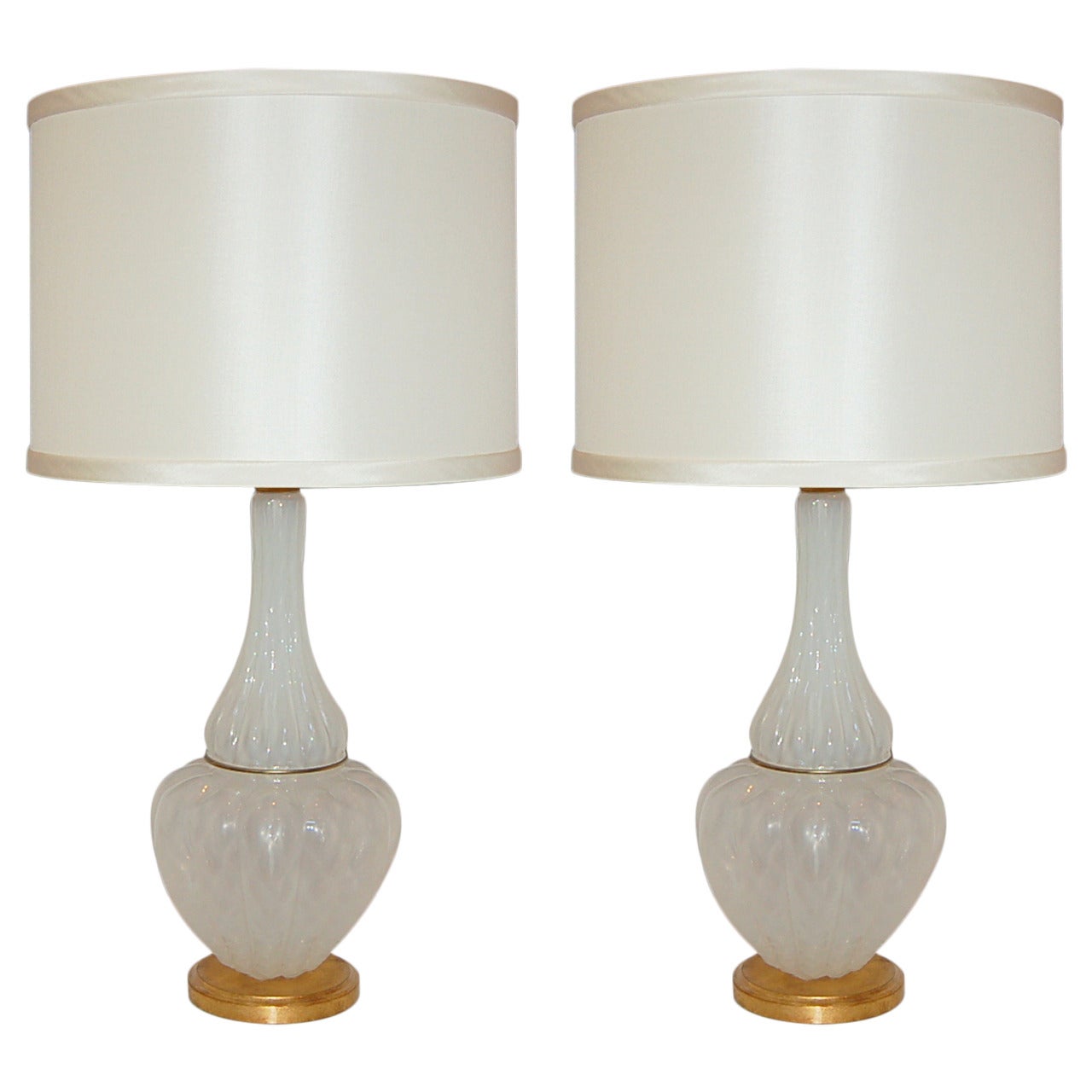 Pair of Vintage White Opaline Murano Lamps by Marbro For Sale