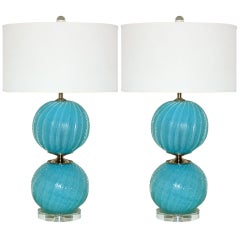 Alfredo Barbini Pair of Vintage Blue Murano Ball Lamps