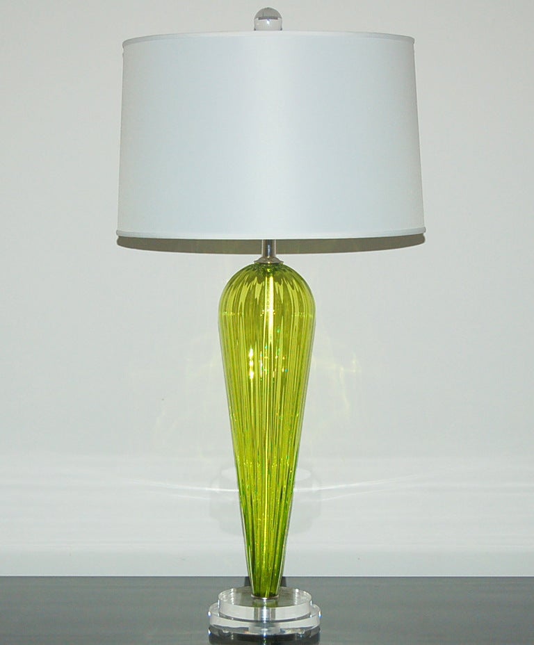 Yellow Green Pair of Handblown Lamps by Joe Cariati
