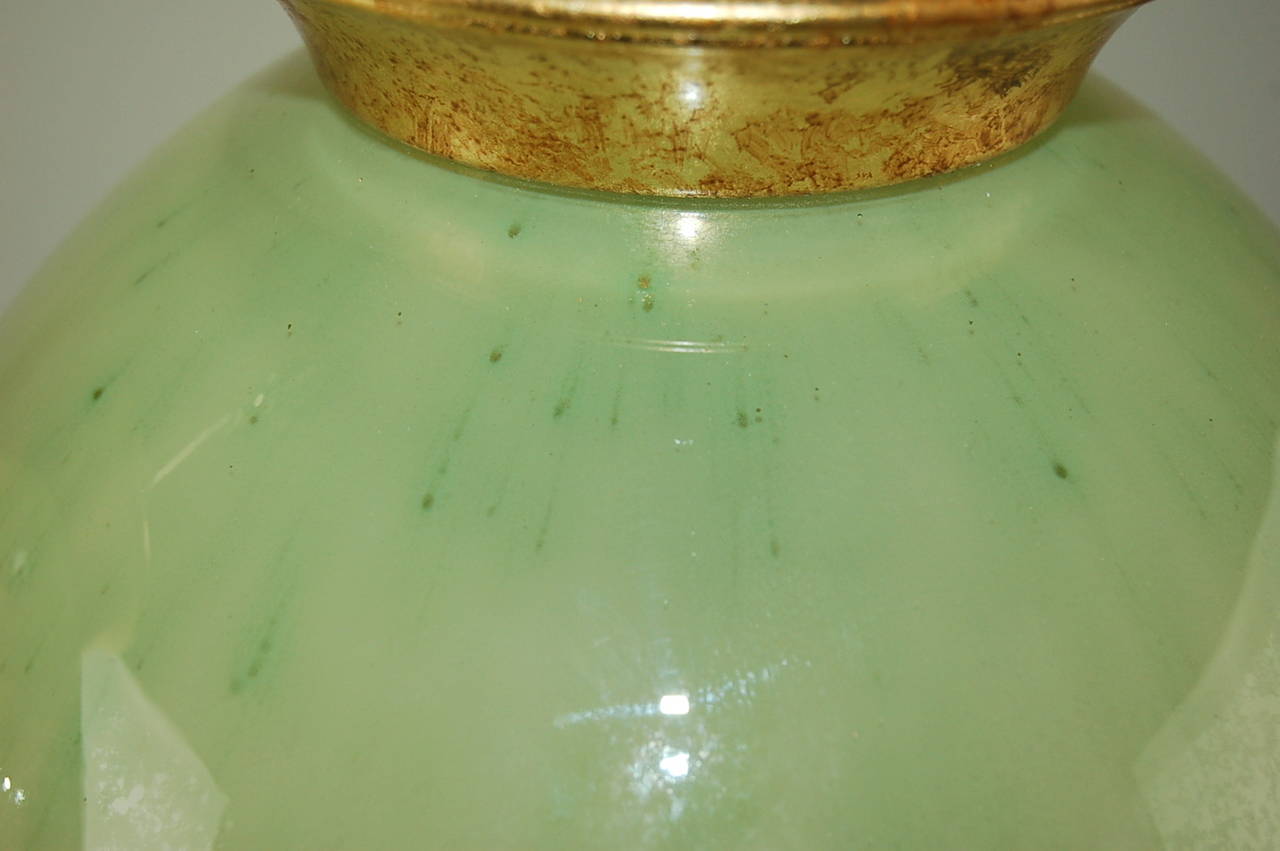 Brass Vintage Monumental Murano Lamps in Celadon Frost For Sale