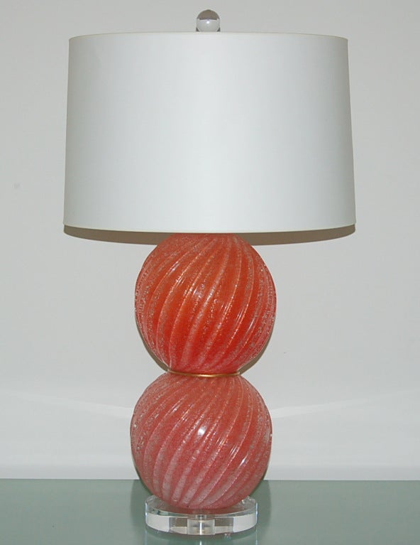 Eye popping stacked ball lamps in MELON FRUIT FROST!  Wonderful pulegoso glass with tons of tiny bubbles inside giving the illusion of a frosty treat.

The lamps measure 24 inches from tabletop to socket top.  As shown, the top of shade is 30
