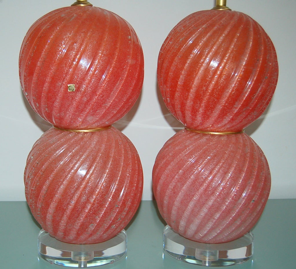 Italian Pair of Vintage Murano Pulegoso Stacked Melon Ball Lamps For Sale