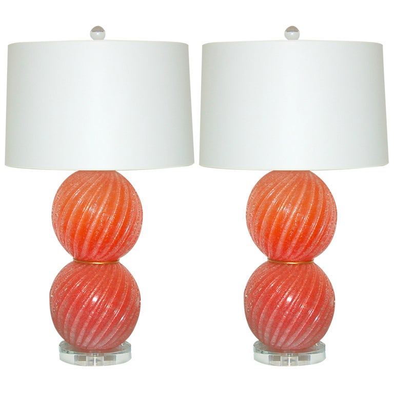 Pair of Vintage Murano Pulegoso Stacked Melon Ball Lamps For Sale