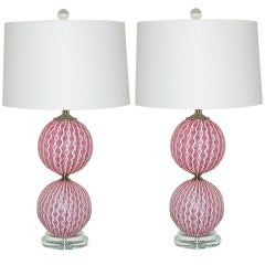 Pair of Vintage Murano Stacked Ball Lamps of Pink Stripes