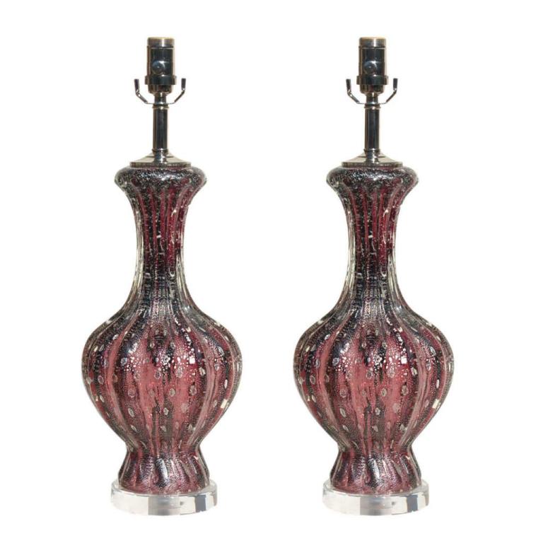 Luscious Casis colored lamps - heavily ribbed, and loaded with bubbles. Owing to their Classic styling, they will work well both in Hollywood Regency decor and button-down traditional style. Silver inclusions capture the light and sparkle.

The