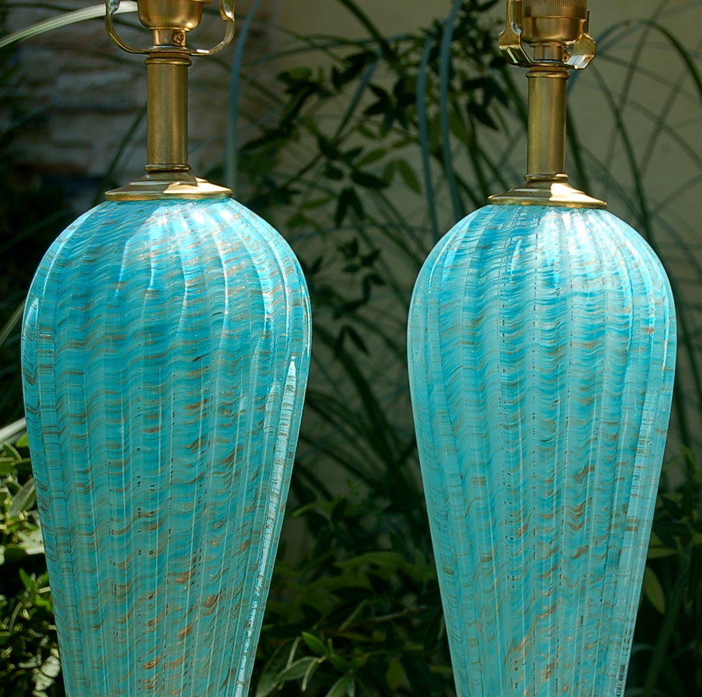 Italian Archimede Seguso - Turquoise and Gold Murano Lamps on Black Lacquer For Sale