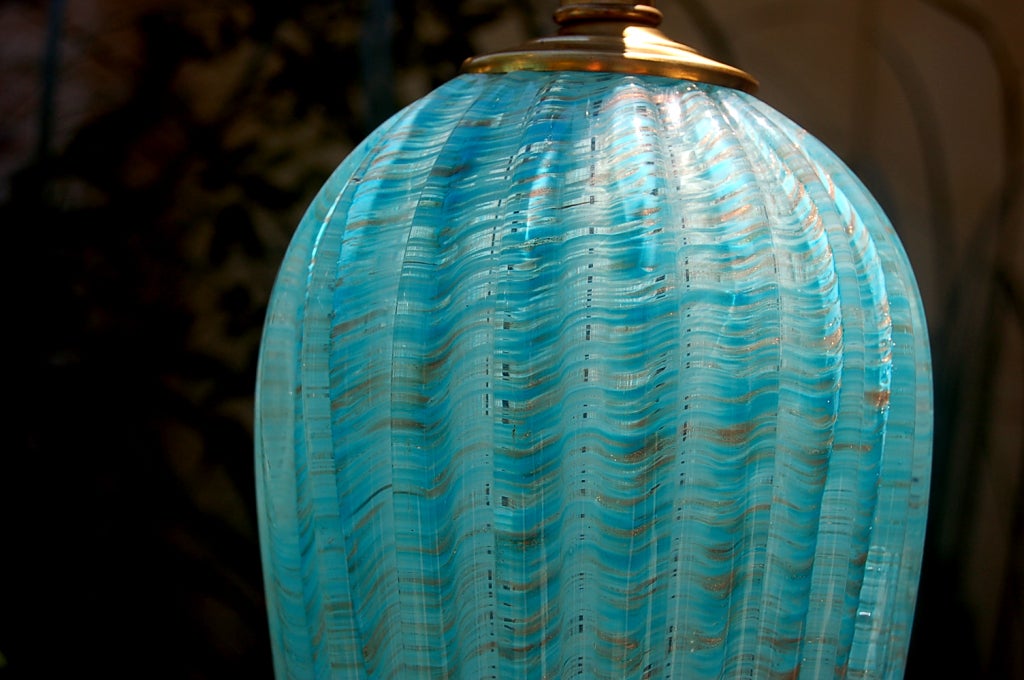 Archimede Seguso - Turquoise and Gold Murano Lamps on Black Lacquer In Excellent Condition For Sale In Little Rock, AR