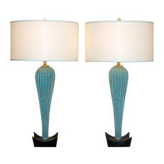 Archimede Seguso - Turquoise and Gold Murano Lamps on Black Lacquer
