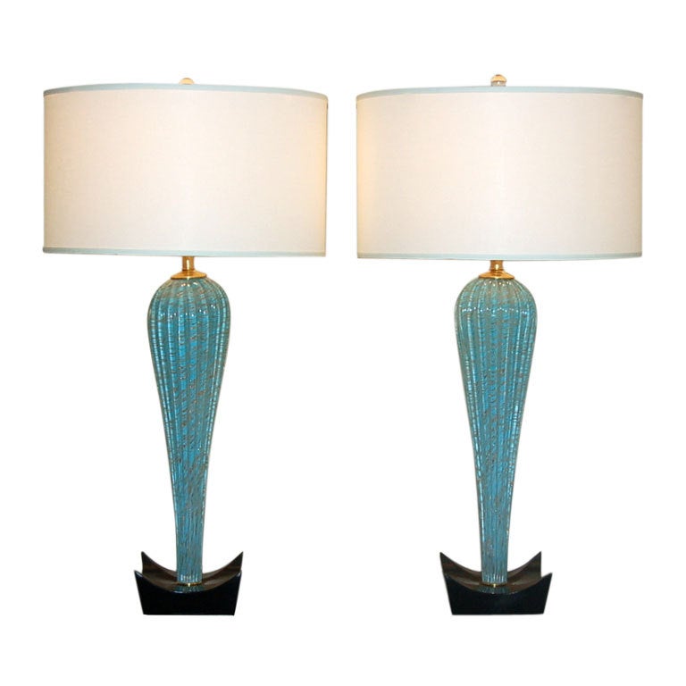 Archimede Seguso - Turquoise and Gold Murano Lamps on Black Lacquer For Sale