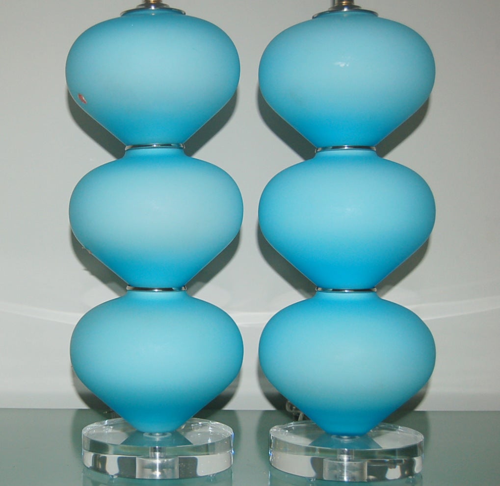 Italian Pair of Vintage Murano Lamps in Sky Blue Satin For Sale