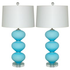 Pair of Vintage Murano Lamps in Sky Blue Satin