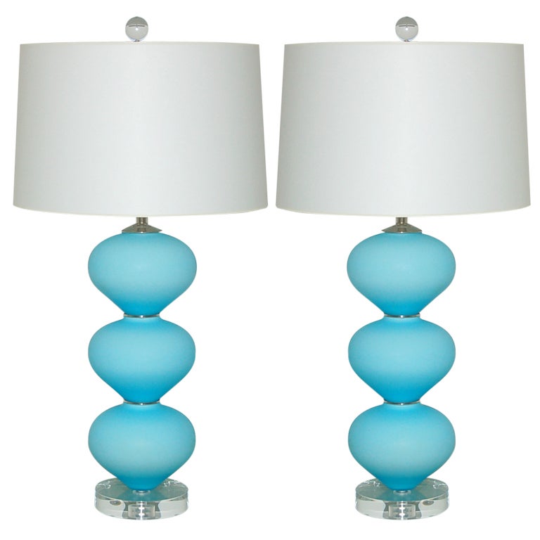 Pair of Vintage Murano Lamps in Sky Blue Satin For Sale