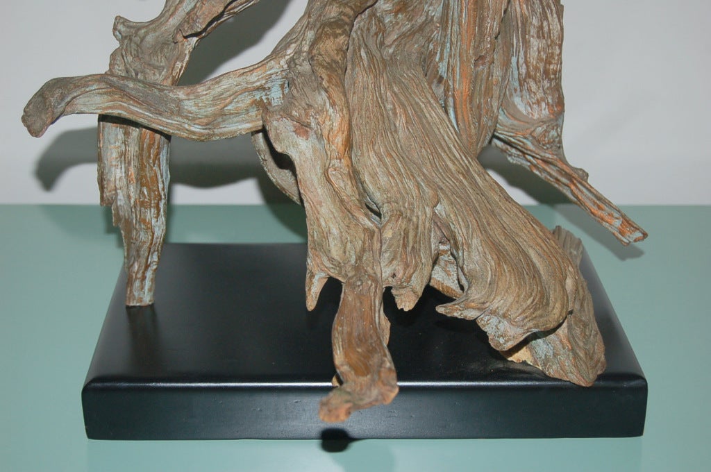 Vintage Enormous Driftwood Lamp on Black Lacquer Base In Excellent Condition In Little Rock, AR
