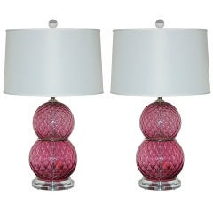 Pair of Vintage Murano Stacked Ball Lamps in Cranberry