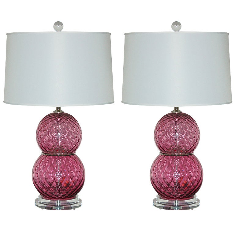 Pair of Vintage Murano Stacked Ball Lamps in Cranberry For Sale