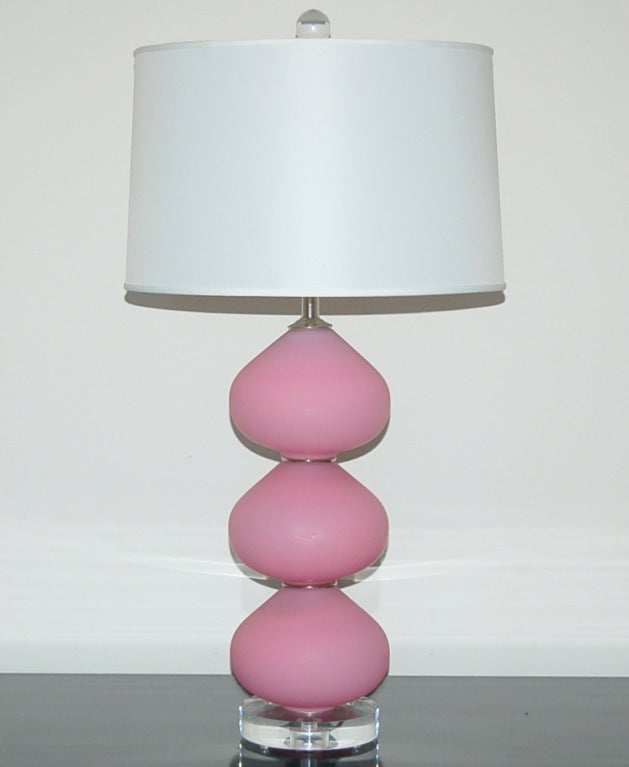 A simple grouping of three, like acrobatic Mentos, in PINK PINK satin glass. Wonderfully simple and stylish!

The lamps measure 23 inches from tabletop to socket top. As shown, the top of shade is 29 inches high. Lampshades are for display only