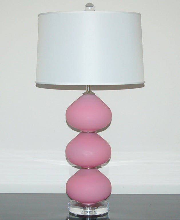 Pair of Vintage Murano Lamps in Pink Satin Glass on Lucite