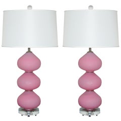 Pair of Vintage Murano Lamps in Pink Satin Glass on Lucite