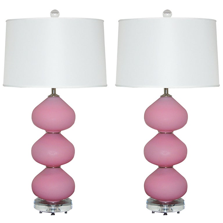 Pair of Vintage Murano Lamps in Pink Satin Glass on Lucite For Sale
