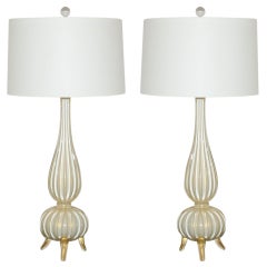 Pair of Classic Designed Vintage Murano Lamps in White and Gold