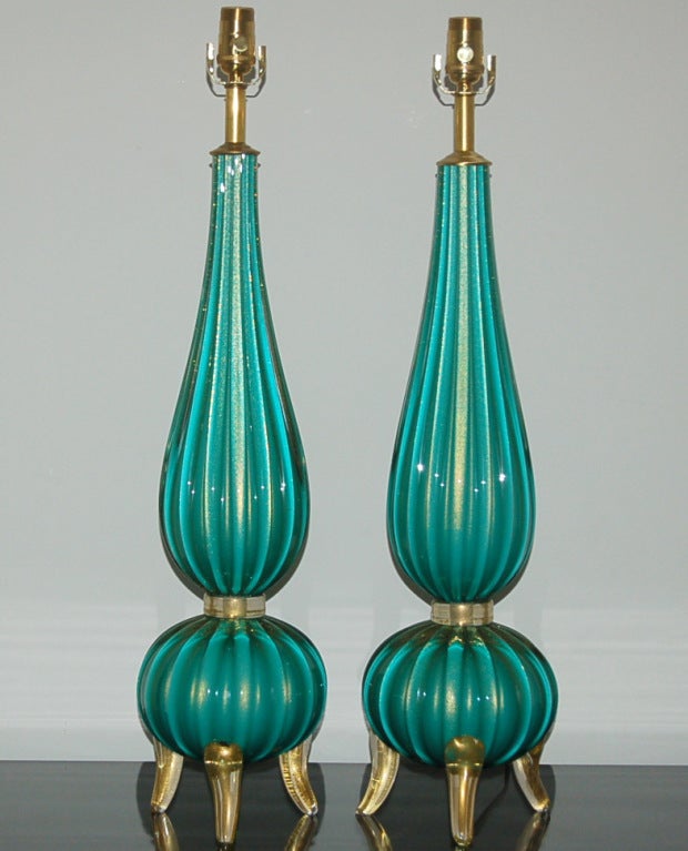 Elegant Pair of Three Footed Murano Lamps in Aqua and Gold