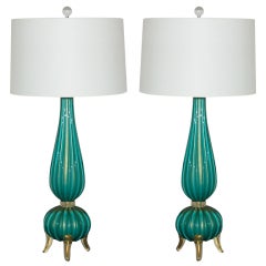 Elegant Pair of Three Footed Murano Lamps in Aqua and Gold