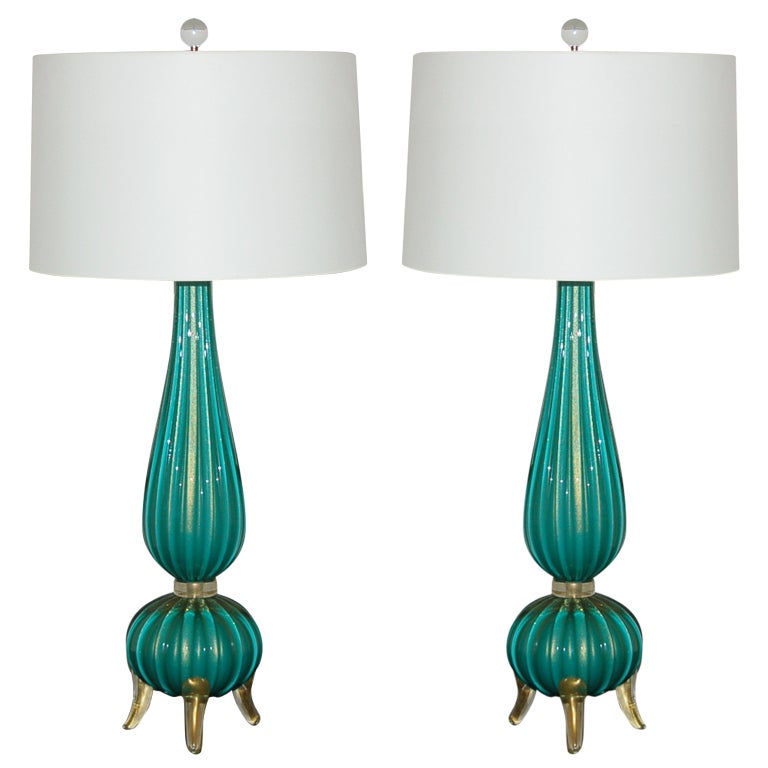 Elegant Pair of Three Footed Murano Lamps in Aqua and Gold For Sale