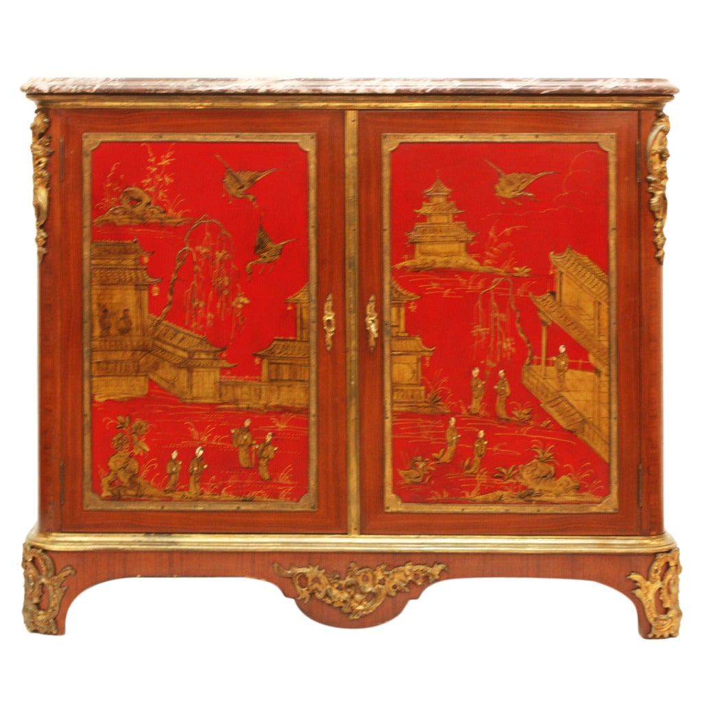 Cabinet with Red Lacquer and Chinoiserie Decoration by Manheim