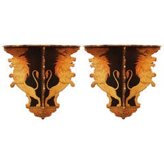 Pair of English Regency Black Lacquer and Parcel Gilt Wall Brackets