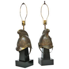 Used 19th Century French Firefighter Helmets Mounted as Lamps