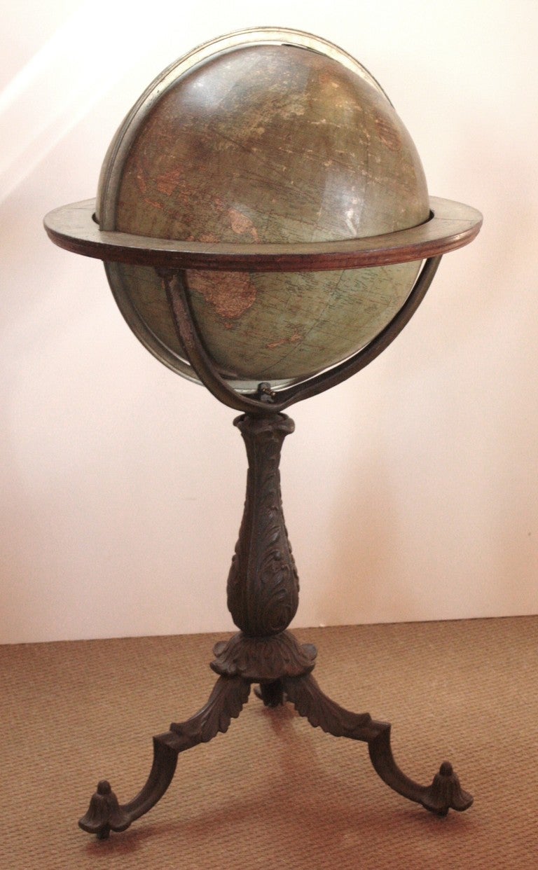 a 19th century English terrestrial globe on stand by geographers, engravers, and printers to the queen, W. and A. K. Johnston, Edinburgh and London, 1899