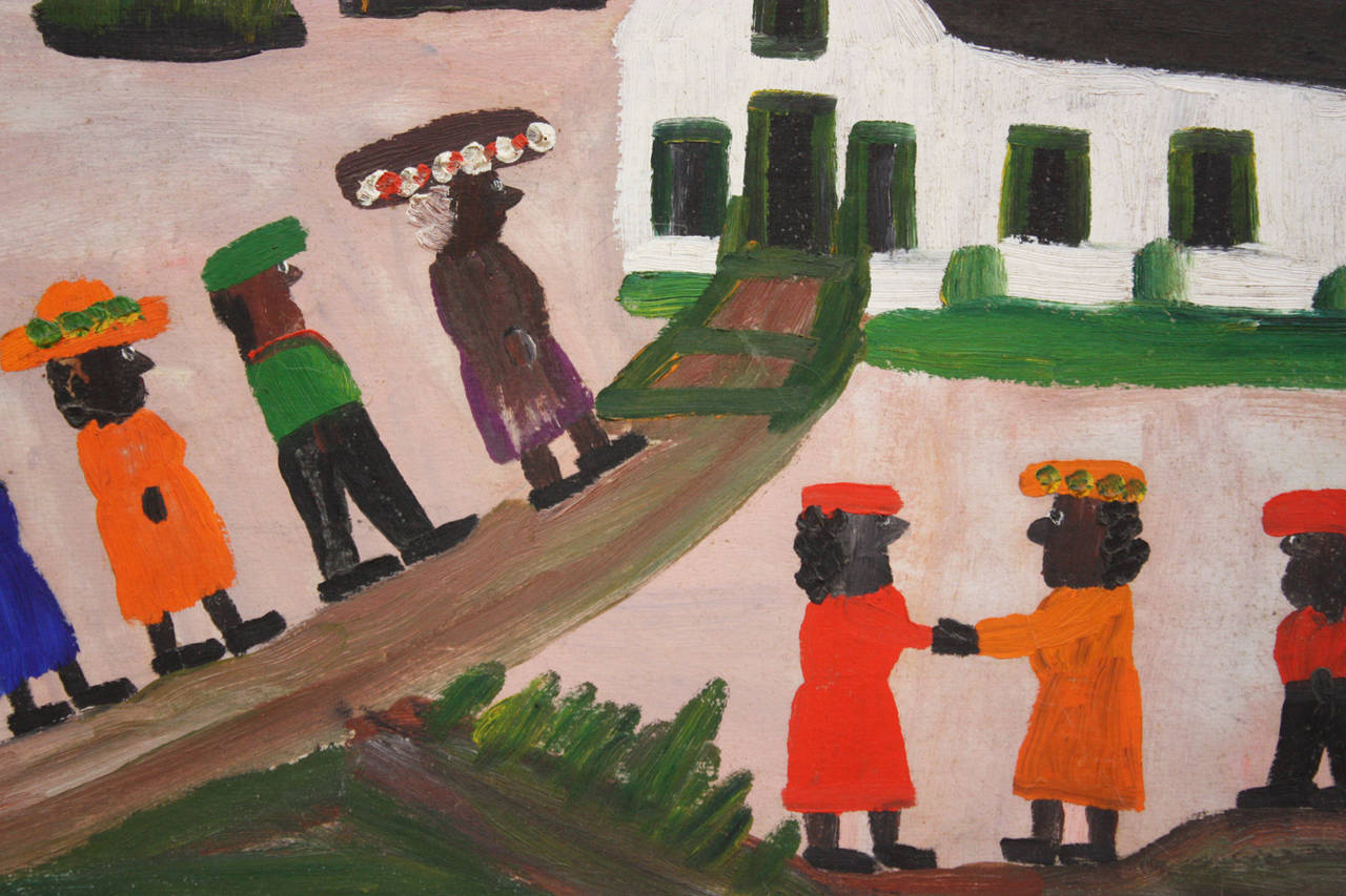a circa 1965 oil painting by Louisiana folk artist Clementine Hunter (1886-1988), depicts a procession into church, an excellent example of her work, signed at right.
