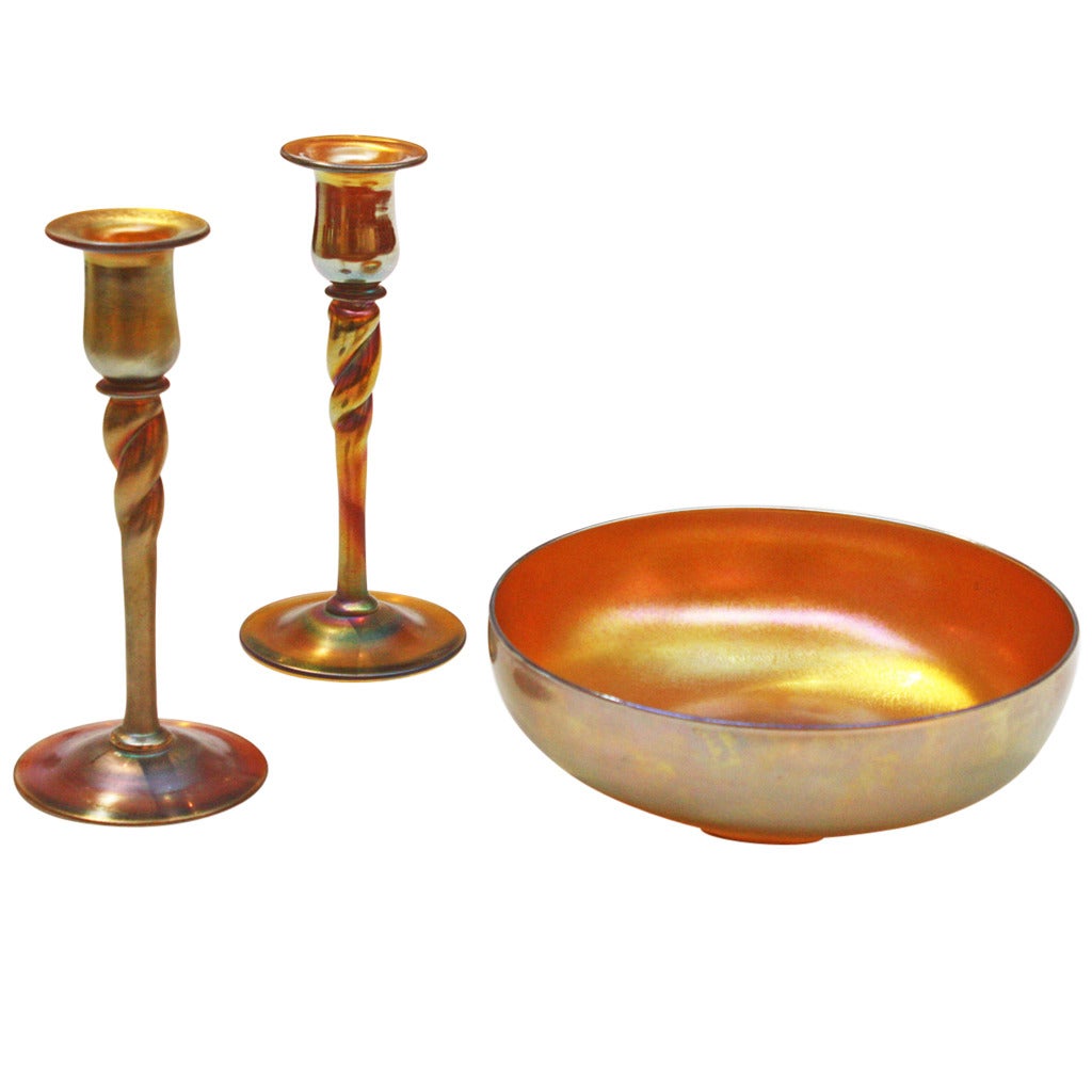 Steuben Glass "Aurene" Bowl and Pair of Candlesticks