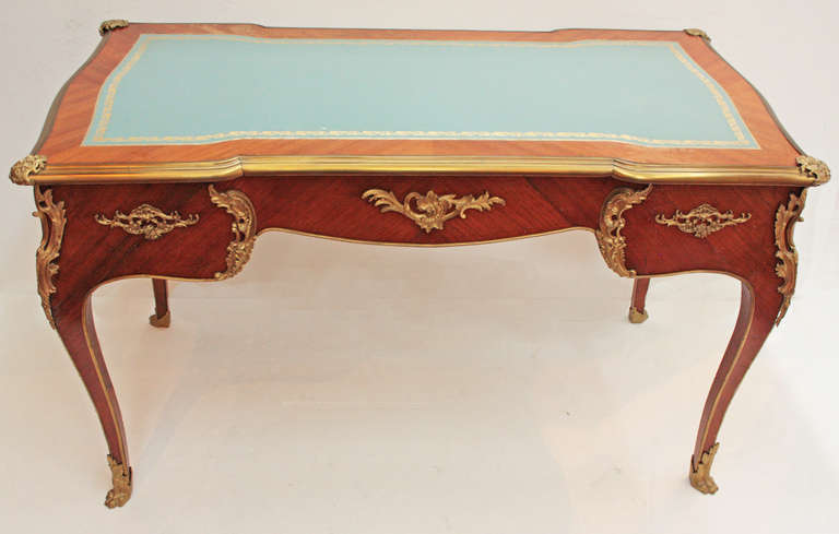 American Louis XV Style Bureau Plat with Blue Leather Top