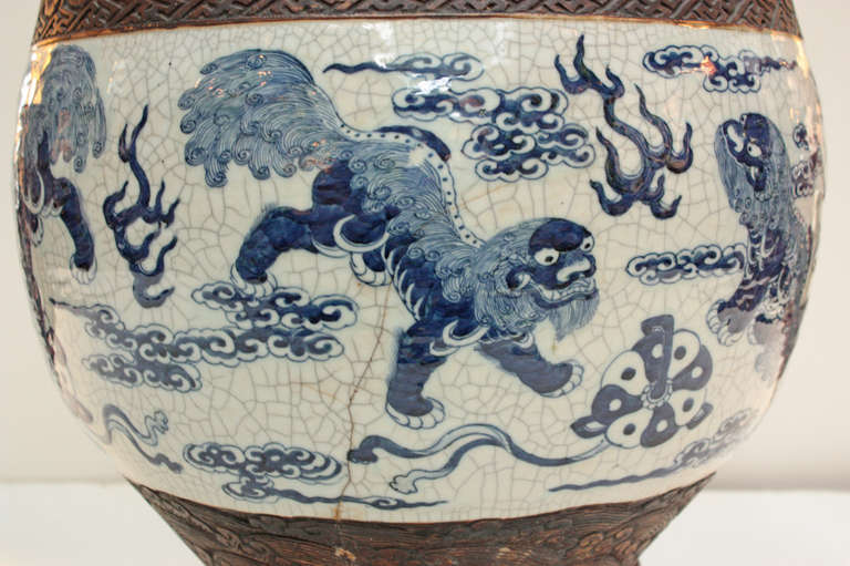 Chinese 19th Century Blue and White Fish Bowl with Stand