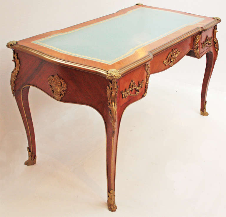 Mid-20th Century Louis XV Style Bureau Plat with Blue Leather Top