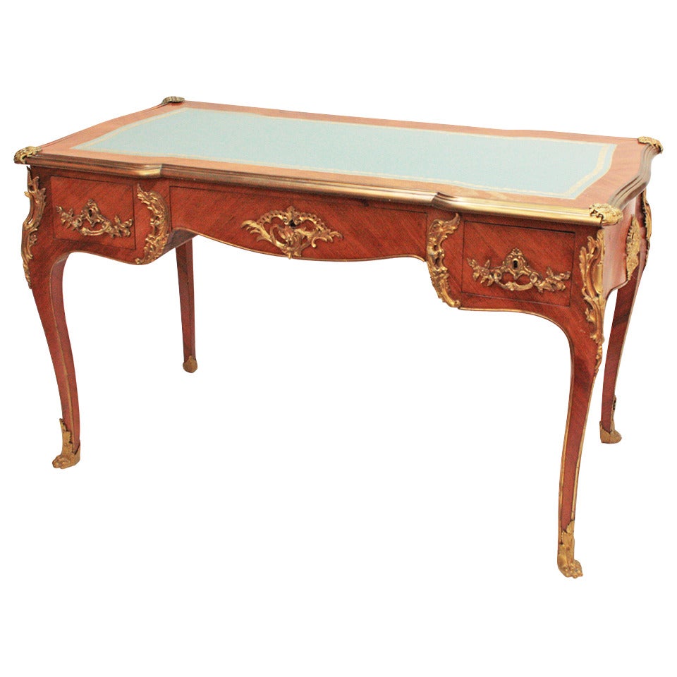 Louis XV Style Bureau Plat with Blue Leather Top
