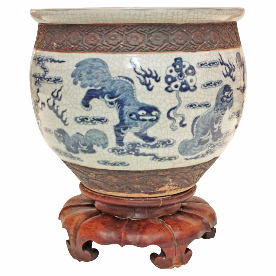 19th Century Blue and White Fish Bowl with Stand