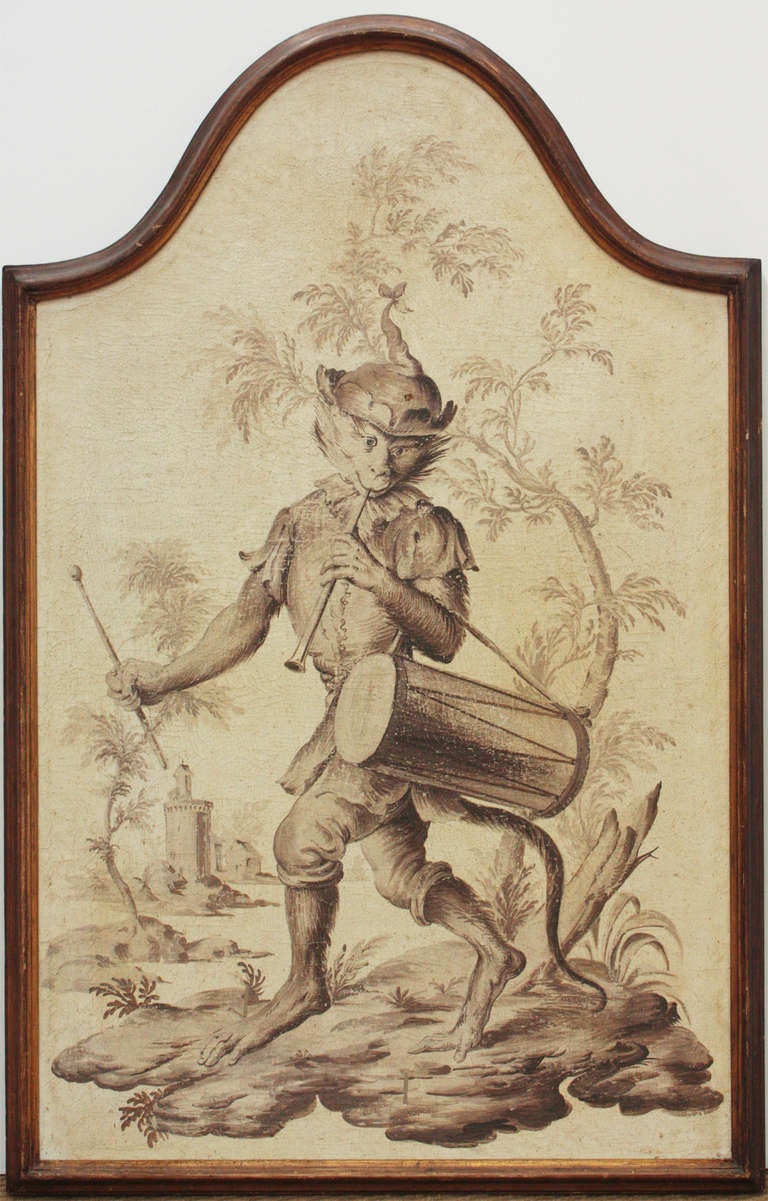 a framed canvas of a delicately painted monkey playing both an arm drum and a fife as he walks through an 18th century style chinoiserie landscape, the whole in executed in neutral colors, beige and brown

after the Affenkapelle or Monkey Band by