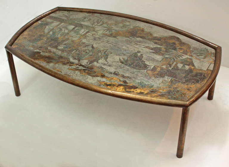 a signed metal coffee table by father and son team Philip and Kelvin LaVerne, great size / shape, Chinese style

center is 33.5