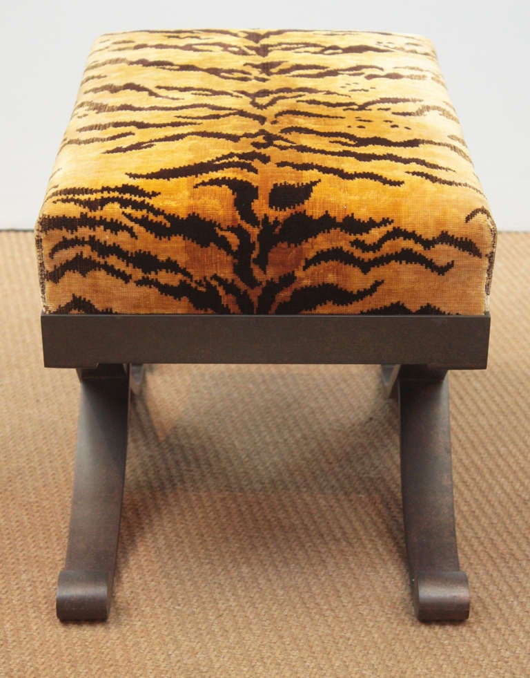 20th Century Bronze Stool with Tiger Fabric Upholstery
