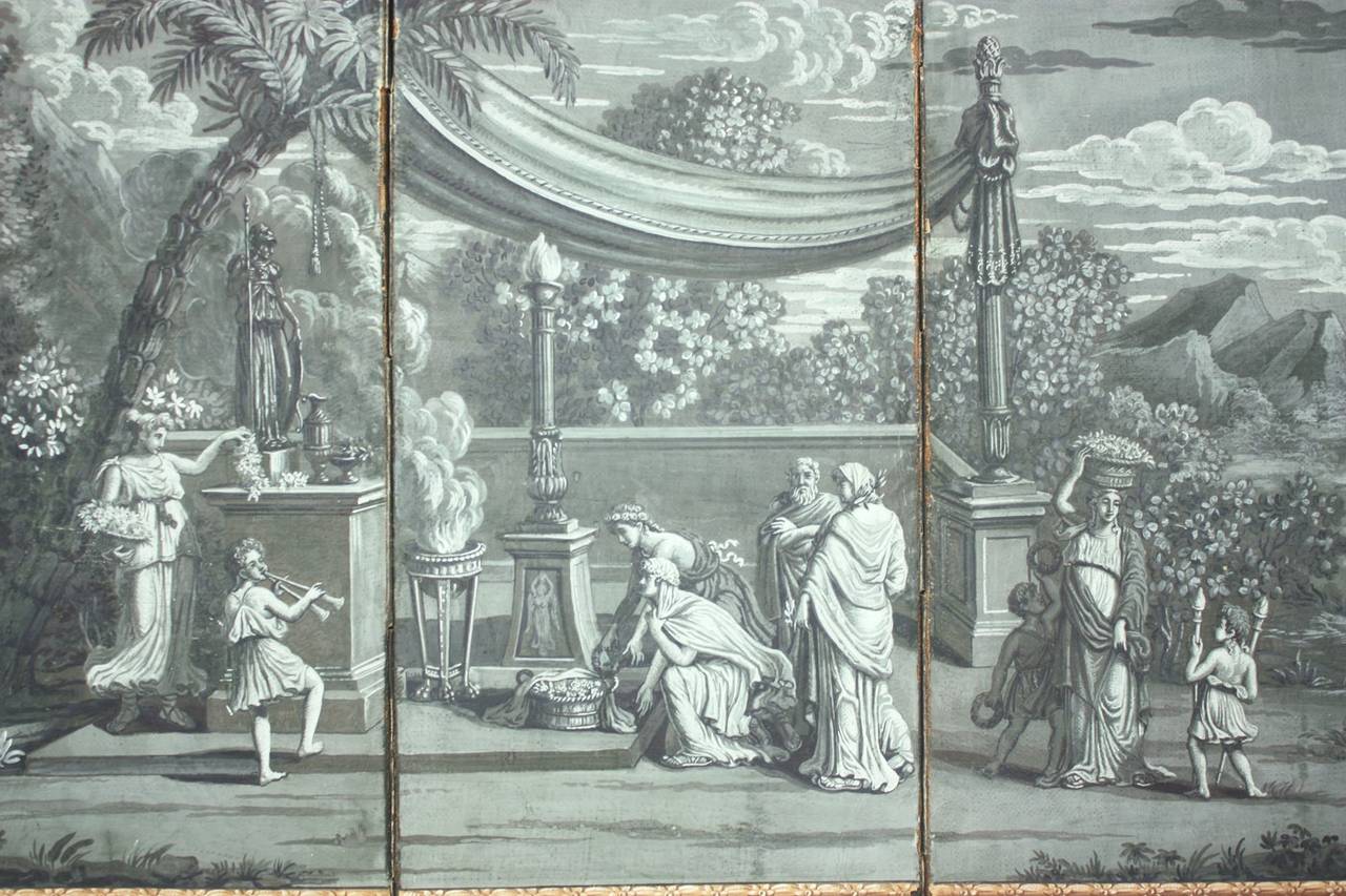 a Zuber panoramic wallpaper fragment  done in grisaille depicting a classical setting with men, women and children. Now a three panel screen with painted reverse faux marble panels and faux marble painted across bottom.
