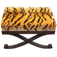 Bronze Stool with Tiger Fabric Upholstery