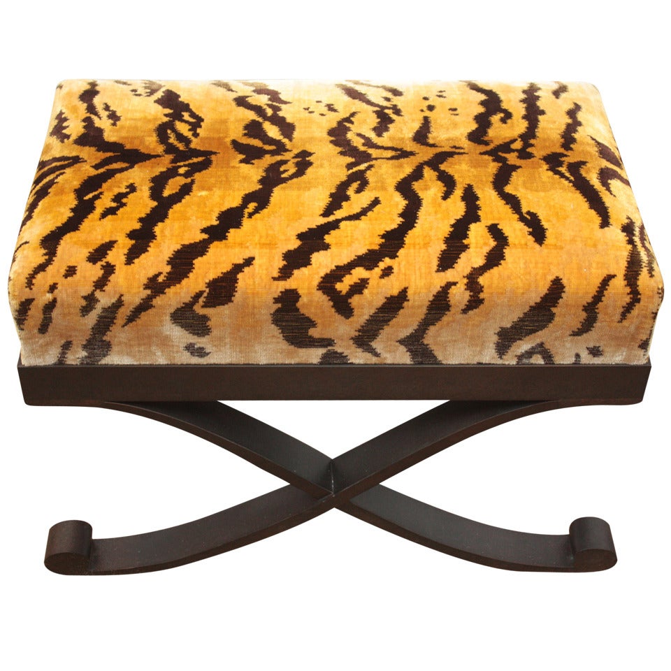 Bronze Stool with Tiger Fabric Upholstery