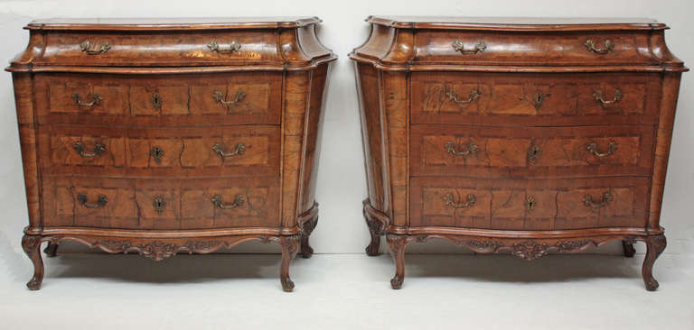 a pair of early 19th century Italian olivewood commodes with slanting curved top drawer above three drawers with burled decoration, body also has burl wood design, cabriole legs and feet