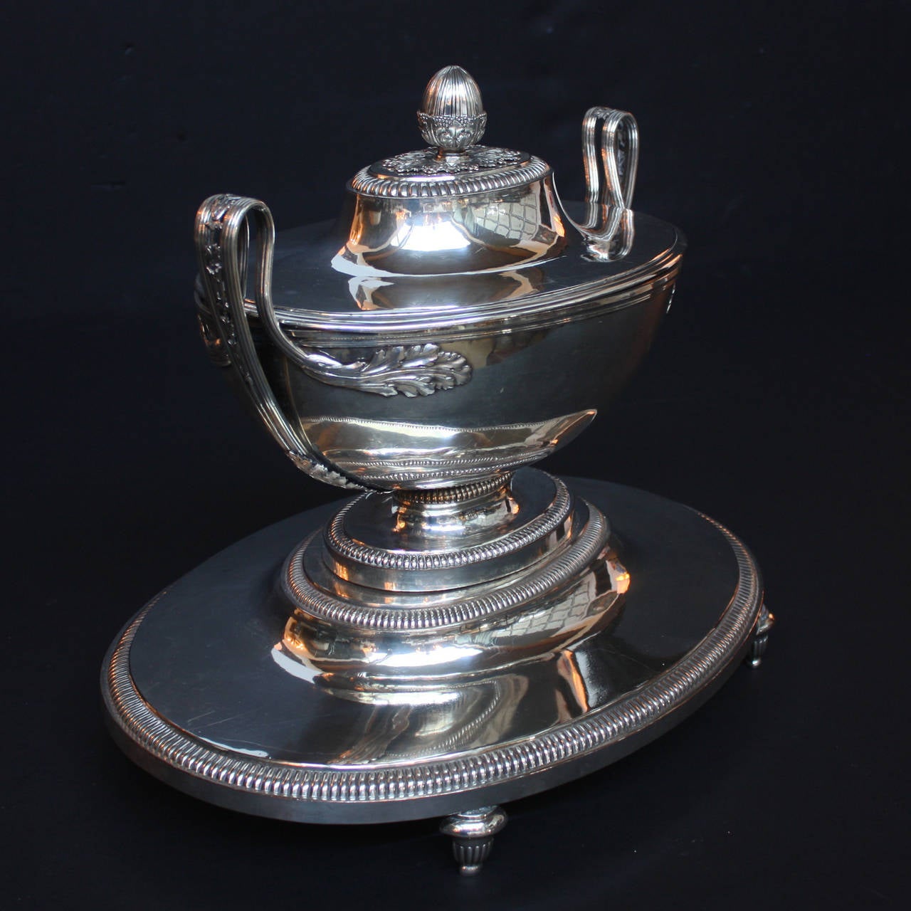 Antique Silver-on-Copper Adam Style Boat Shaped Covered Serving Dish on Stand